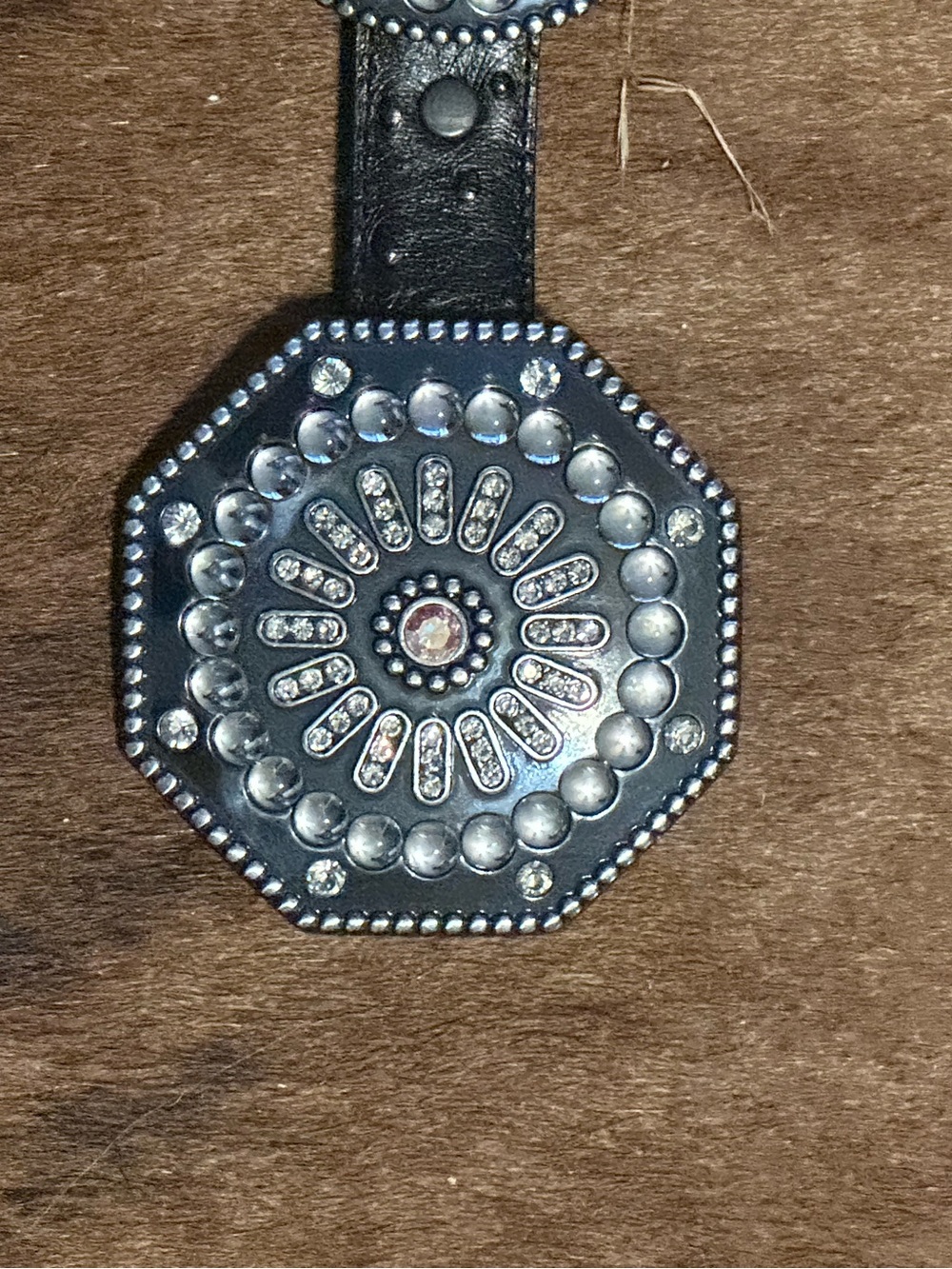 Vintage Tony Lama Women's Black Ostrich Leather Rhinestone Concho Belt - Picture 6 of 12